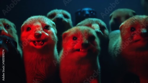 AI-generated Anamorphic 4K scene featuring crowd of glowing red figures in dark atmospheric setting. Dramatic lighting creates eerie cinematic mood with mysterious luminous red effects