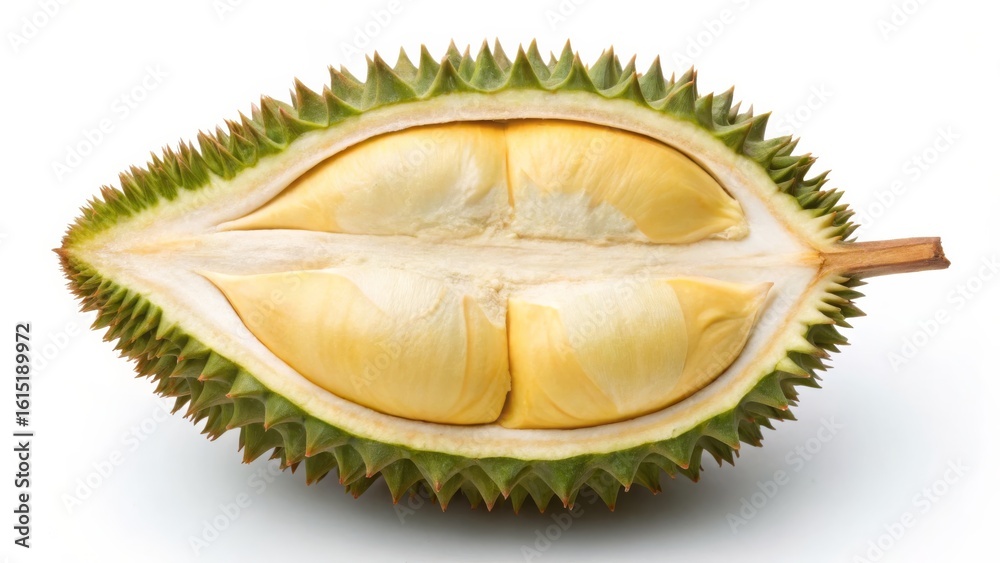 Fototapeta premium Ripe Durian Fruit Isolated on White Background, Close-up View of Creamy Yellow Flesh and Spiky Exterior