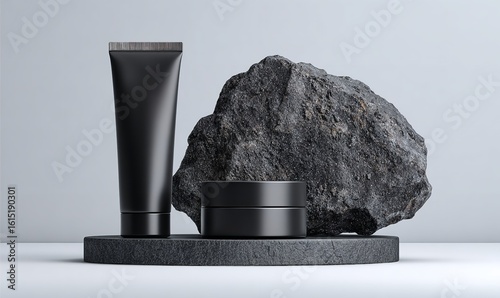 Black facial cream tube and cosmetic jar on a white background with a black rock podium, a mockup for beauty product advertising or presentation, close-up view, Generative AI.