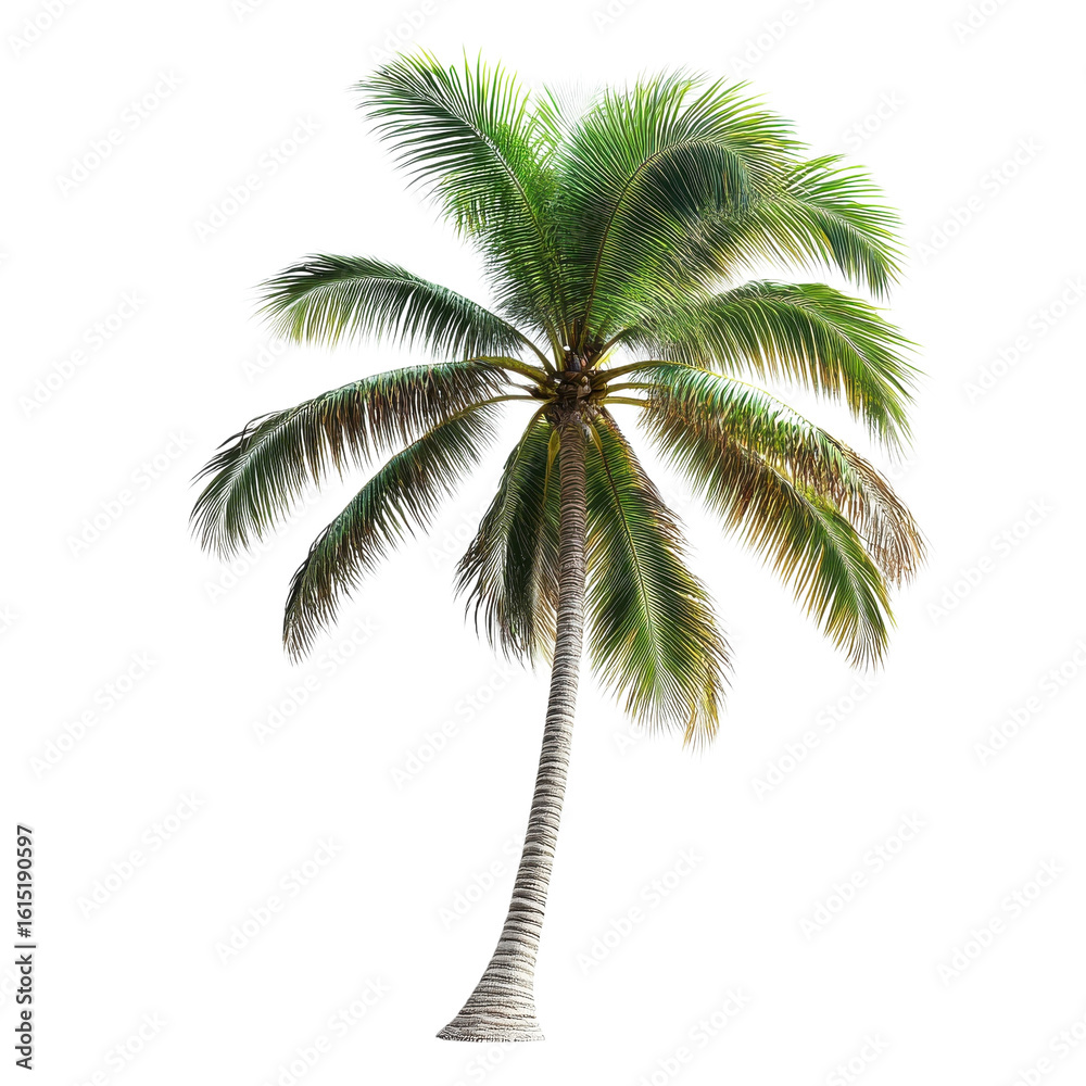 Fototapeta premium Tall palm tree with lush green fronds leaning slightly in a bright, sunny environment on transparent background