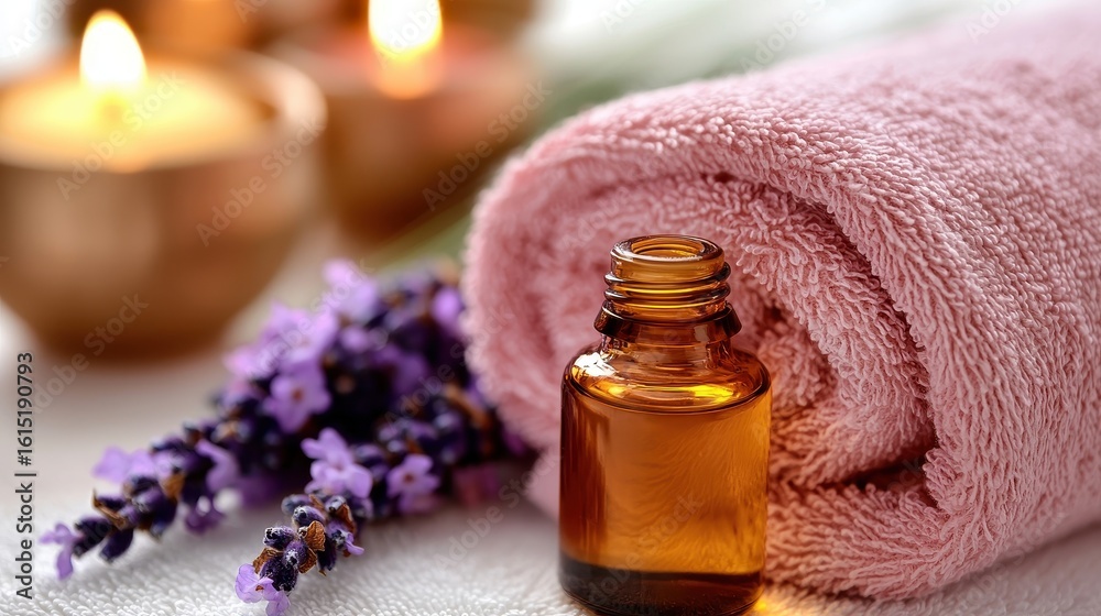 Relaxing Spa Scene with Lavender and Essential Oil Relaxing Spa Scene with Lavender and Essential Oil