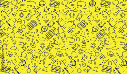 Hand-drawn seamless pattern of school supplies and educational symbols on yellow background