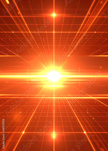 Abstract digital art, orange grid pattern, bright central light.