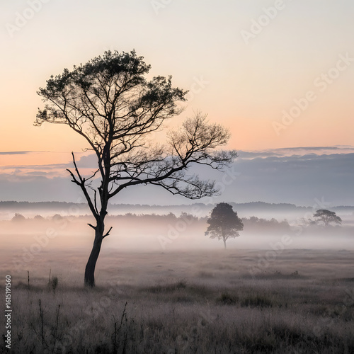 Wallpaper Mural Lonely Tree in Foggy Morning Field with Minimalist Landscape and Muted Colors.
 Torontodigital.ca