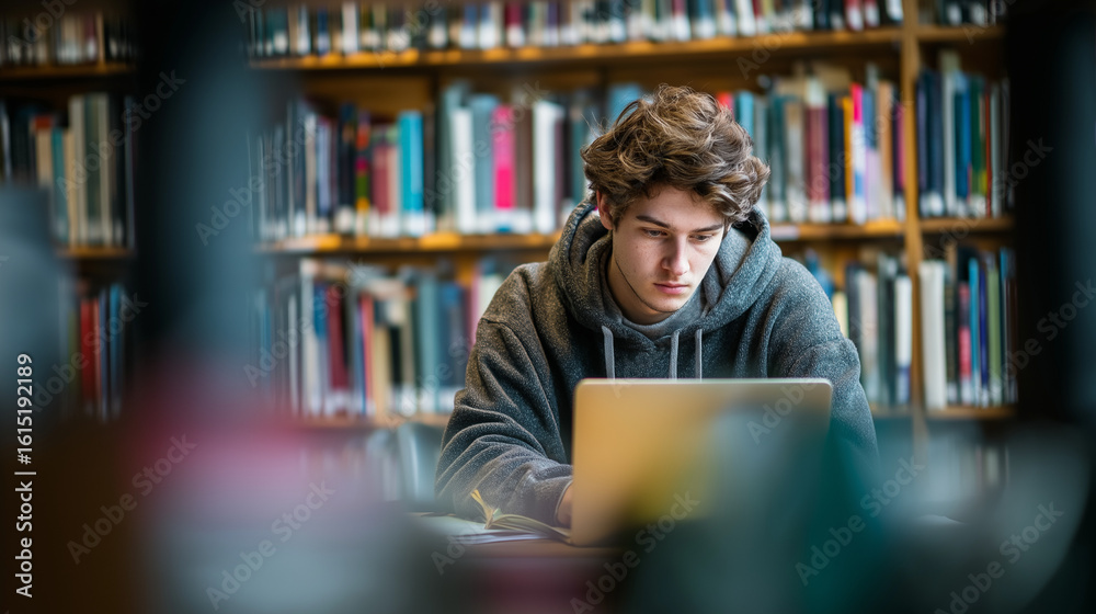 A teenage student deeply focused on a laptop in a university library, surrounded by bookshelves. Ideal for themes of education, learning, technology, and academic concentration. A teenage student deeply focused on a laptop in a university library, surrounded by bookshelves. Ideal for themes of education, learning, technology, and academic concentration.