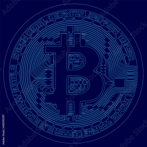 A blue bitcoin contour glows on a dark blue background, representing digital currency innovation and financial technology. The sleek design highlights blockchain potential in a futuristic economy.