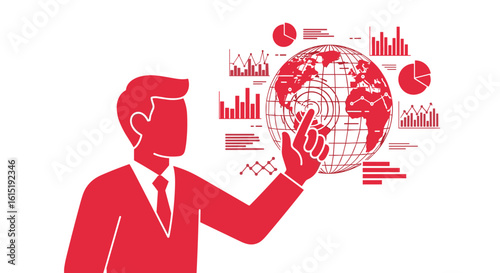 Businessman interacting with a digital globe surrounded by charts and graphs, symbolizing global business growth and technological innovation.