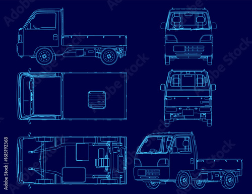 Blueprint of a cargo truck with detailed contour lines, showcasing the vehicle's structure on a solid blue background. The design highlights key components and dimensions for industrial.