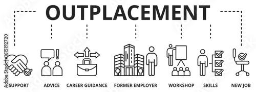 Banner outplacement vector illustration concept. advice, career guidance, training, ormer employee skills, workshop support and jew job icons