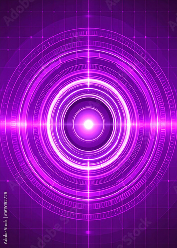A vibrant purple digital illustration featuring concentric circles radiating from a central point, with grid lines.