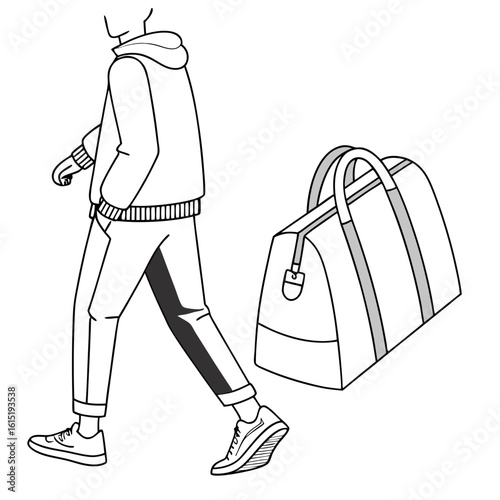 Stylized outline of a person in a hoodie walking next to a duffel bag
