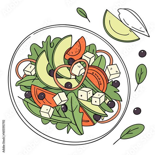 Vibrant hand drawn illustration of a fresh salad with avocado tomatoes olives and feta cheese