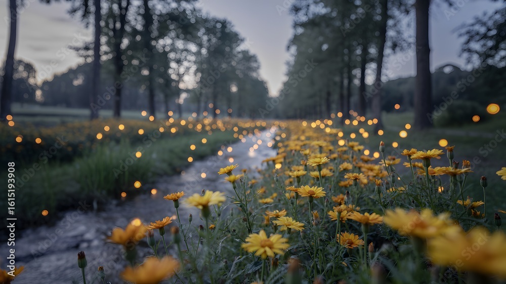 Obraz premium Discover magical fireflies illuminating vibrant wildflower meadow at dusk