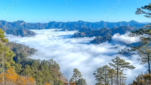Aerial view of Huangshan mountain range with sea of clouds scenic landscape