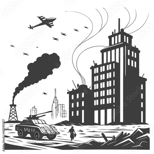 A lone figure walks through a war torn city with damaged buildings military vehicles and planes overhead