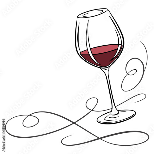 Elegant hand drawn wine glass filled with red wine and decorative swirls