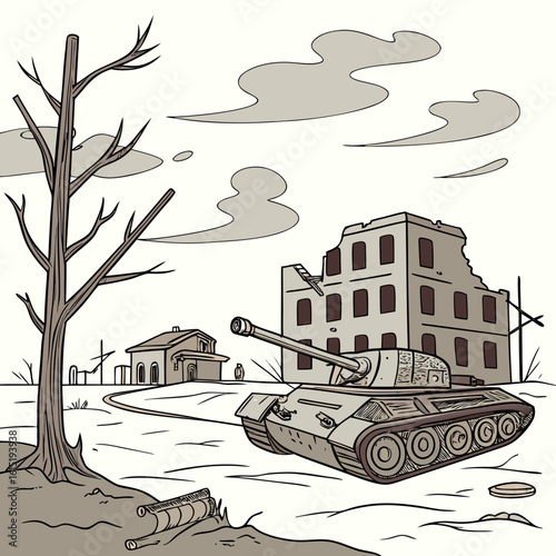 A lone military tank sits in a desolate landscape amidst the ruins of war torn buildings and a bare tree