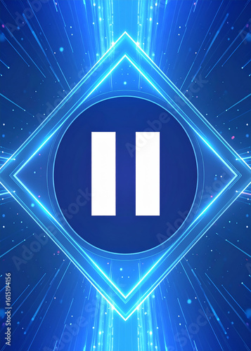 A geometric blue digital design featuring a pause symbol within a glowing diamond shape.