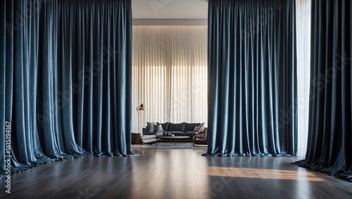 Grand and opulent formal living room in a luxury mansion, featuring a high ceiling, a bold striped wall, and modern furniture on a polished wood floor