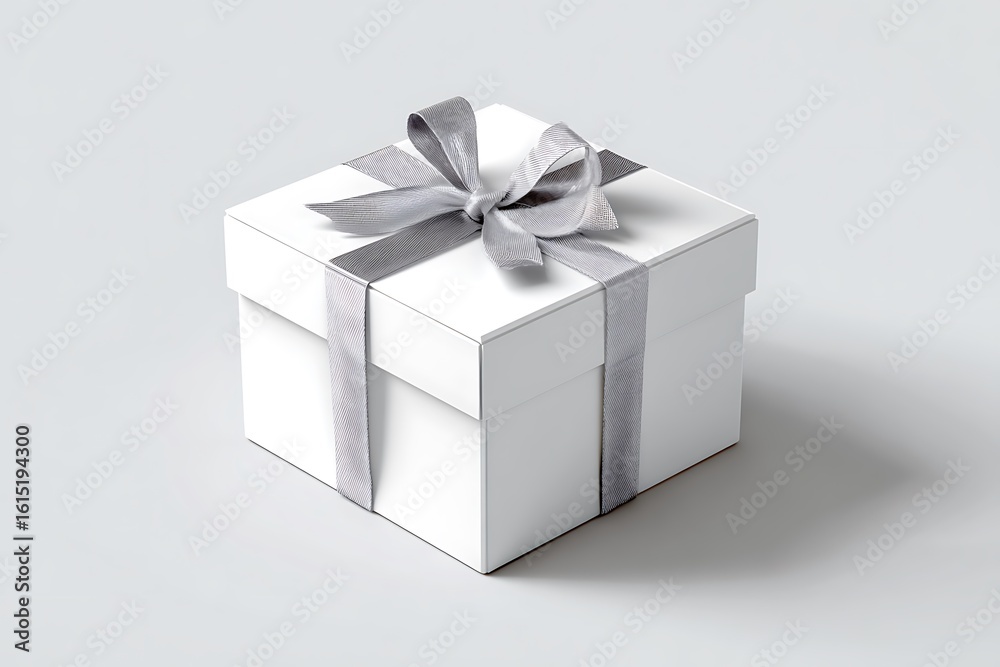 Fototapeta premium Square white gift box model with ribbon on white backdrop 
