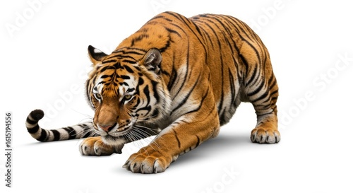 Majestic tiger in prowl preparing for the hunt on an isolated background wildlife display