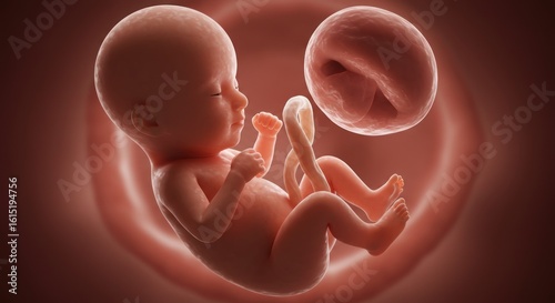 Medical visualization of a human fetus in utero showcasing fetal development and gestation stages
