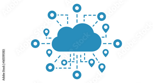 A vibrant illustration showcases a cloud computing concept, with interconnected nodes and location markers, symbolizing global data access and technological innovation in a digital environment.