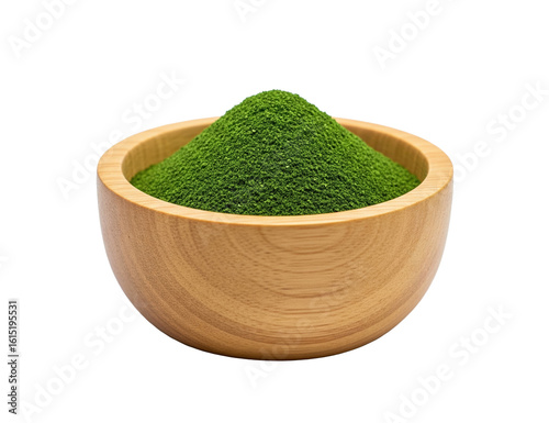 Wooden bowl with green duckweed powder isolated