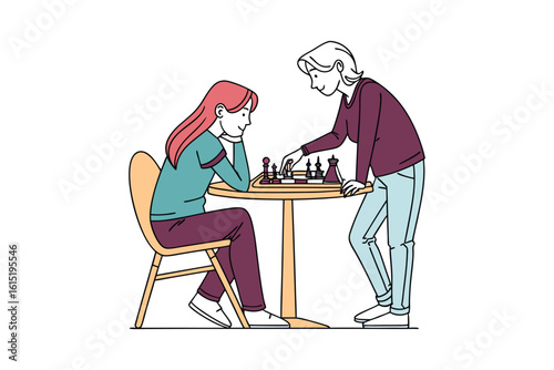 Two people playing chess at a table one person thinking deeply silhouette isolated on white background