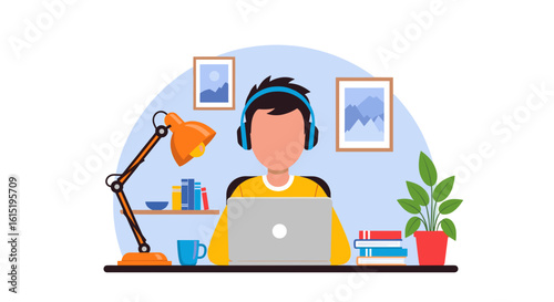 Person working from home on laptop, ideal for remote work, online learning, and home office concepts.