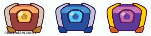 Three distinct treasure chests or loot boxes, each with a unique color scheme and a glowing central emblem
