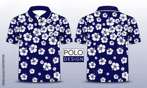 Blue polo shirt with white hibiscus pattern, Polo design,  T-shirt mockup template design. Vector Illustration.