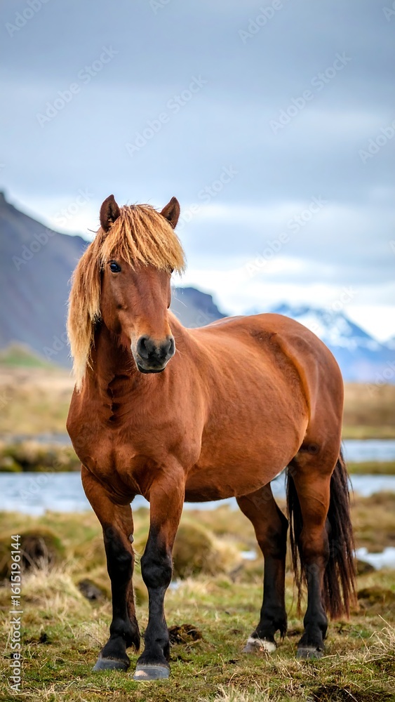 Fototapeta premium A majestic brown horse stands in a grassy meadow by a stream