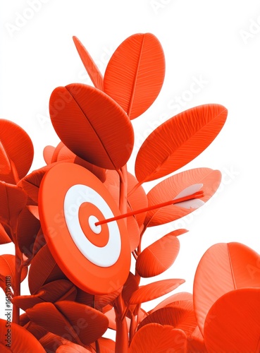 Orange plant with large leaves has a target on one branch; an arrow pierces the bullseye. High key lighting accentuates the bold color and graphic nature of the illustration