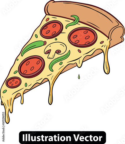Delicious cartoon slice of pepperoni pizza with melted cheese and fresh toppings vector art.