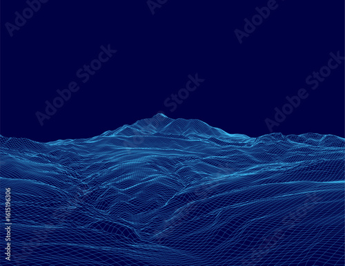 A 3D wireframe mountain range displays intricate terrain lines against a blue background. The geometric design creates a modern digital landscape with clean vector details.
