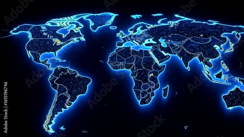 Animated world map revealing glowing continents and detailed countries outline