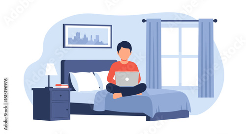 Person working on laptop in bed, perfect for illustrating work from home, remote work, or freelance lifestyle concepts.