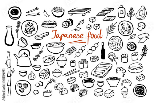 Japanese cuisine doodle on isolated background. Hand drawn sketch with Japan food, seafood, sushi, nori, rolls, Romaine soup, Tempura, Udon noodles, soy sauce, grilled shrimp, bamboo, fish, avocado