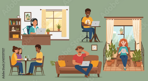Diverse group of people working remotely from home, ideal for illustrating work-from-home culture or remote work solutions.
