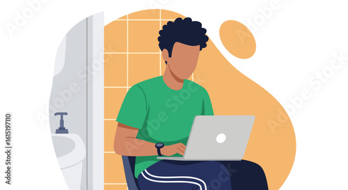Man working on laptop in a restroom; illustration for articles on remote work, flexibility, or unusual workspaces.