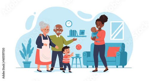 Multigenerational Family Gathering at Home: Illustration for family, heritage, and togetherness themes.