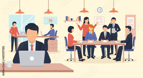 Diverse business team collaborating in a modern office, ideal for website banners or presentations.