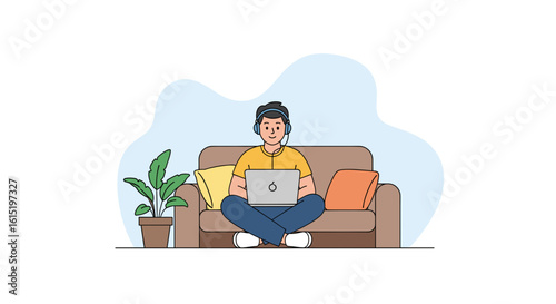 Illustration of a man working from home on his laptop, perfect for websites and blogs about remote work.