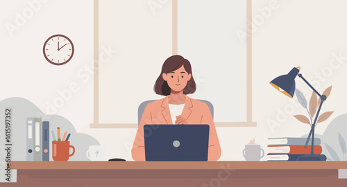 Smiling woman working on laptop at her desk. Perfect for websites, blogs, and presentations about work, business, or productivity.