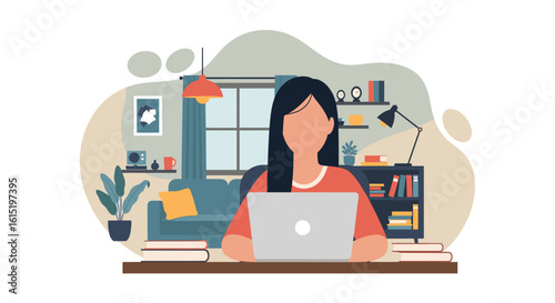 Woman working from home on laptop, perfect for remote work, freelance, or work-life balance illustrations.