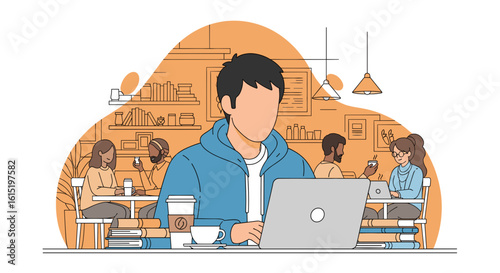 Young man working on laptop in a modern cafe, ideal for website banners or blog posts about remote work.