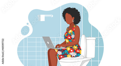 Woman working on laptop while sitting on toilet - illustration for articles about work-life balance or remote work challenges.