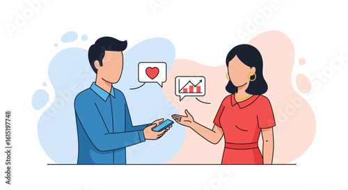 Man and woman discussing business, social media engagement and growth.  Ideal for presentations, reports, and marketing materials.