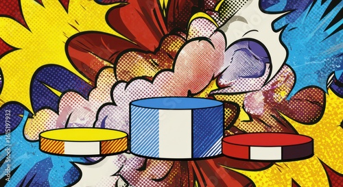 Vibrant pop art podium showcases cartoon expressions and explosive colors